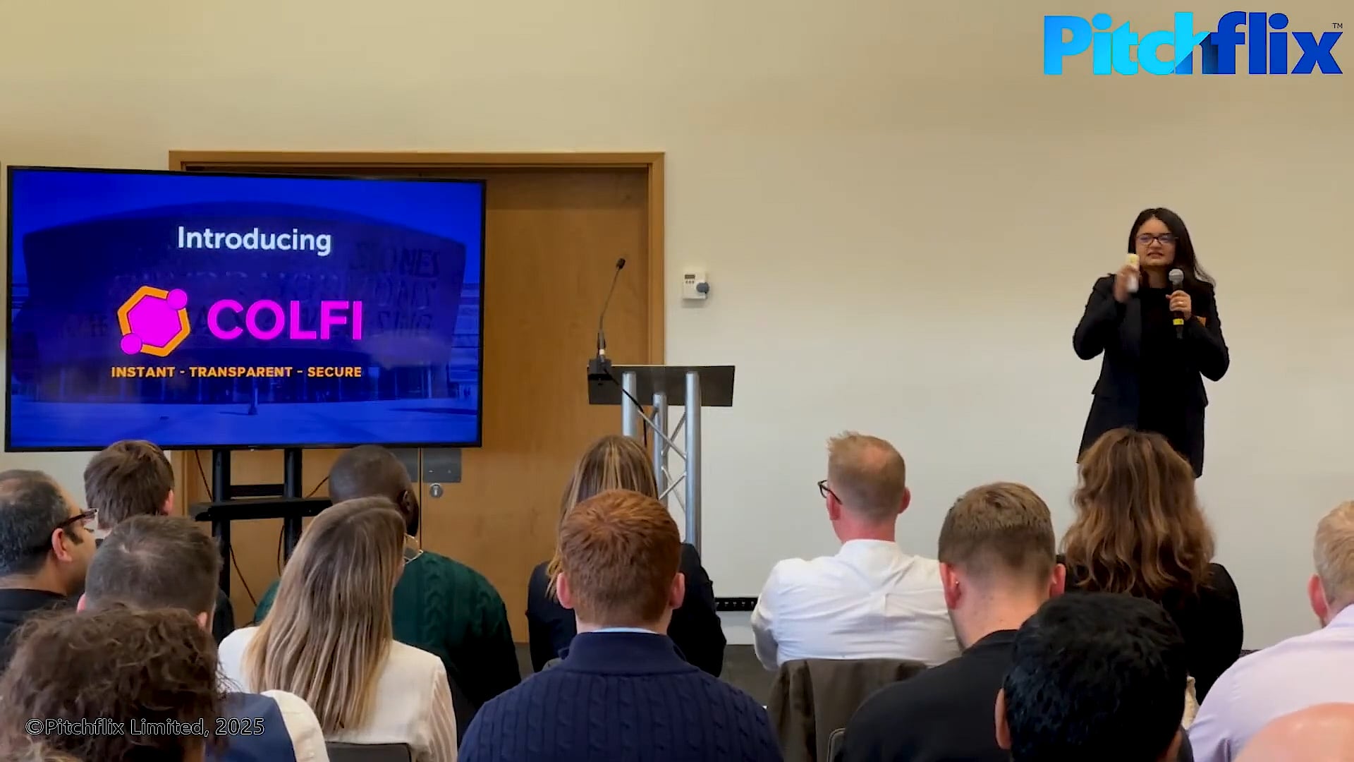 Noha Berrada pitching Colfi at FinTech Wales Demo Day
